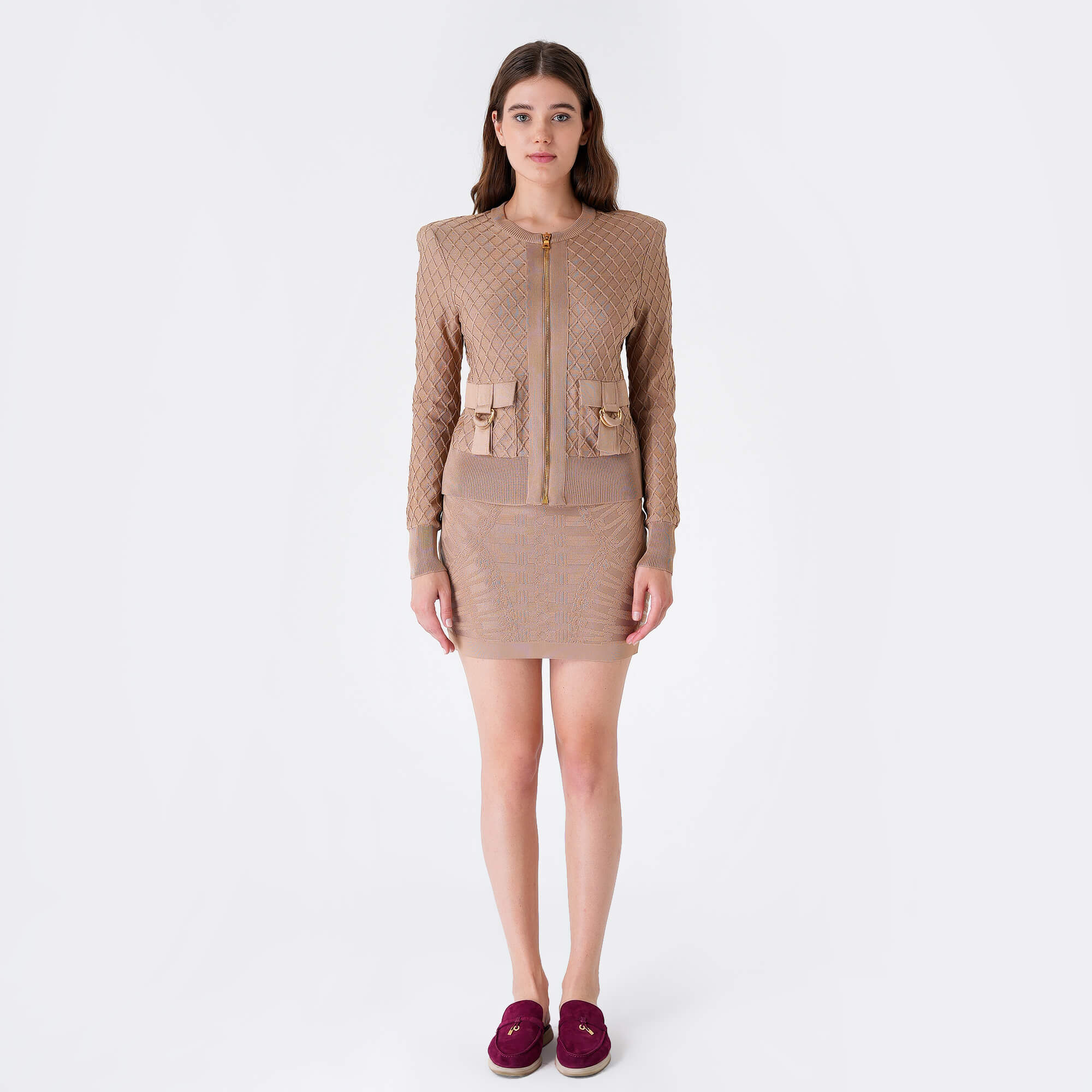 Balmain - Dark Rose Quilted Viscose Gold Zippy Jacket&Skirt Suit